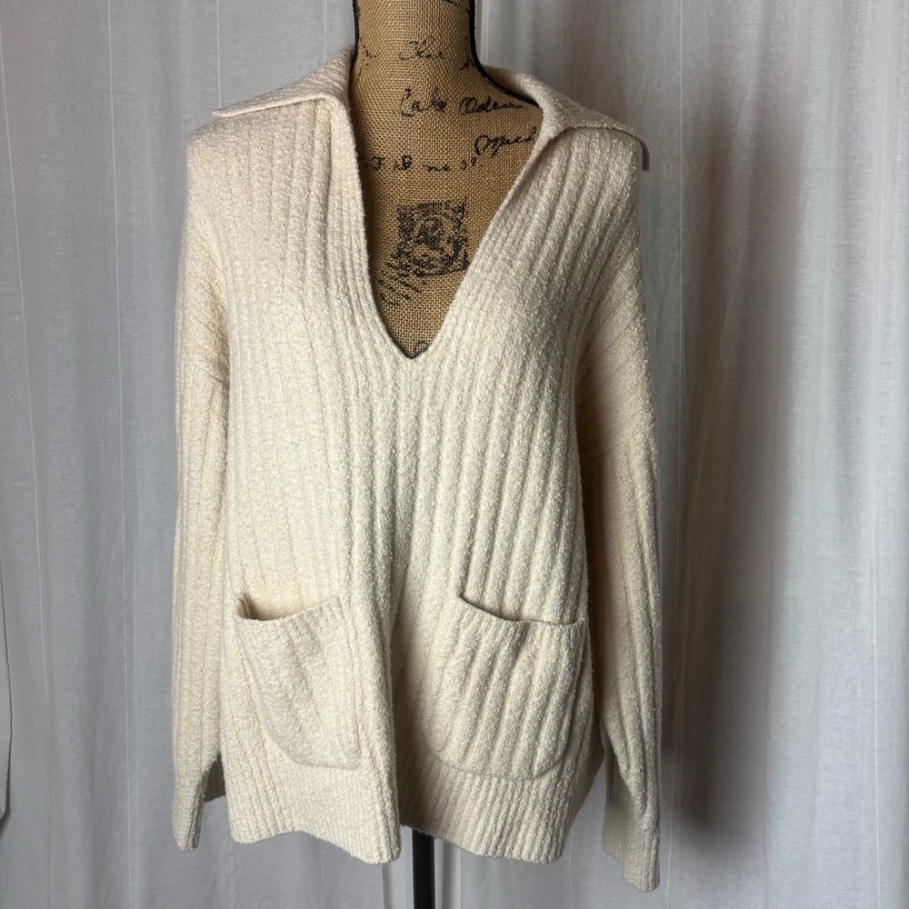 J Crew Collared Cotton Blend Boucle Sweater Oversized Ivory Pockets Women’s Sz L